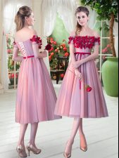  Pink A-line Tulle Off The Shoulder Sleeveless Appliques Tea Length Lace Up Evening Dress
