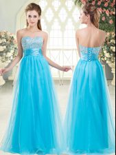 Beading Prom Dress Aqua Blue Lace Up Sleeveless Floor Length