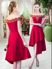 Colorful Red A-line Off The Shoulder Sleeveless Satin Asymmetrical Zipper Appliques 