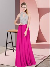  Fuchsia Zipper Prom Dresses Beading Sleeveless Floor Length