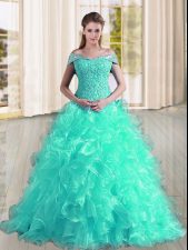 Sweep Train A-line Sweet 16 Dresses Turquoise Off The Shoulder Organza Sleeveless Lace Up