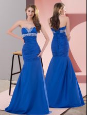  Blue Mermaid Sweetheart Sleeveless Satin Floor Length Lace Up Beading and Ruching Evening Dress