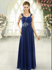 Stunning Blue Lace Up Spaghetti Straps Beading and Ruching Dress for Prom Chiffon Sleeveless