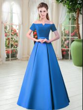Exquisite Satin Off The Shoulder Short Sleeves Lace Up Belt Evening Dress in Blue