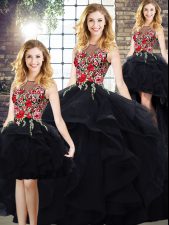  Black Tulle Lace Up Bateau Sleeveless Floor Length Quince Ball Gowns Beading and Embroidery