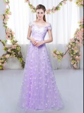  Cap Sleeves Tulle Floor Length Lace Up Dama Dress in Lavender with Appliques
