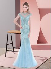Graceful Beading Prom Gown Baby Blue Zipper Cap Sleeves Sweep Train
