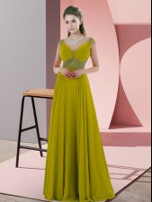  Chiffon V-neck Cap Sleeves Backless Beading Prom Evening Gown in Olive Green