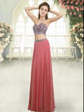  Watermelon Red Two Pieces Chiffon Sweetheart Sleeveless Beading Floor Length Backless 