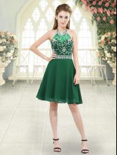 Dark Green A-line Chiffon Halter Top Sleeveless Beading Knee Length Zipper Prom Dress