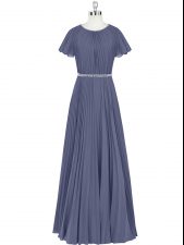 Fantastic Blue Chiffon Zipper Homecoming Dress Short Sleeves Floor Length Beading and Pleated
