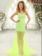 Most Popular Yellow Green Sleeveless Tulle Brush Train Zipper Prom Gown for Prom and Party