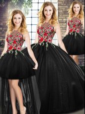  Floor Length Black 15th Birthday Dress Sleeveless Embroidery