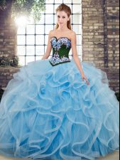  Embroidery Quinceanera Dresses Baby Blue Lace Up Sleeveless Sweep Train