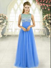 Ideal Blue Tulle Side Zipper Prom Gown Sleeveless Floor Length Beading