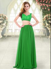  Floor Length Green Prom Dress Chiffon Sleeveless Beading and Lace