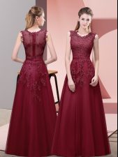  A-line Prom Gown Burgundy Scoop Tulle Sleeveless Floor Length Zipper