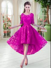  Half Sleeves High Low Lace Zipper Dress for Prom with Fuchsia