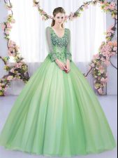 Custom Fit Green Tulle Lace Up V-neck Long Sleeves Floor Length Vestidos de Quinceanera Lace and Appliques