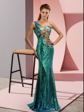 Decent Green Prom Dress Prom and Party and Military Ball with Beading One Shoulder Sleeveless Sweep Train Lace Up