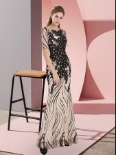  Mermaid Dress for Prom Black Scoop Half Sleeves Floor Length Zipper