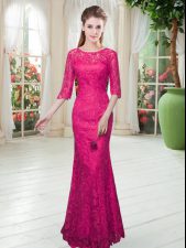 Admirable Floor Length Hot Pink Evening Dress Scoop Half Sleeves Zipper