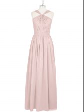 Decent Empire Dress for Prom Pink Halter Top Chiffon Sleeveless Floor Length Zipper