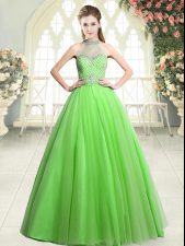  Sleeveless Tulle Floor Length Zipper Prom Party Dress in with Beading