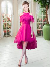 Popular High-neck Short Sleeves Zipper Prom Dress Hot Pink Tulle