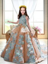 Eye-catching Sleeveless Court Train Appliques Backless Little Girls Pageant Dress Wholesale