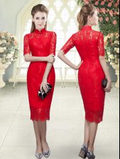  Red Column/Sheath High-neck Half Sleeves Tea Length Zipper Beading and Lace Prom Party Dress
