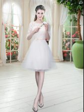 Smart Knee Length Lace Up Prom Evening Gown White for Prom and Party with Lace