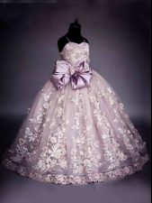 Amazing Sleeveless Tulle Floor Length Lace Up Kids Formal Wear in Pink with Beading and Bowknot