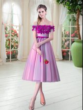 Chic Sleeveless Lace Up Tea Length Appliques Evening Dress