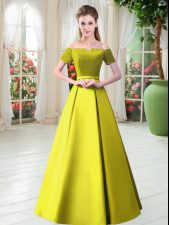 Cute Yellow Green Satin Lace Up Dress for Prom Short Sleeves Floor Length Belt