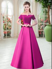  Fuchsia Short Sleeves Satin Lace Up Evening Dress for Prom and Party