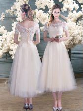 Luxury Scalloped Short Sleeves Prom Party Dress Tea Length Lace White Tulle