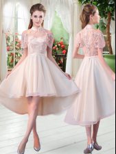 Extravagant Champagne A-line High-neck Short Sleeves Tulle High Low Zipper Lace Dress for Prom