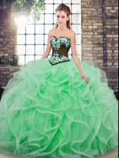 Free and Easy Apple Green Sleeveless Tulle Sweep Train Lace Up Quince Ball Gowns for Military Ball and Sweet 16 and Quinceanera
