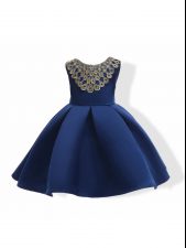 Navy Blue Scoop Zipper Appliques and Bowknot Little Girls Pageant Dress Wholesale Sleeveless