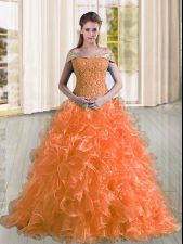 Superior Sleeveless Beading and Lace and Ruffles Lace Up Ball Gown Prom Dress with Orange Sweep Train