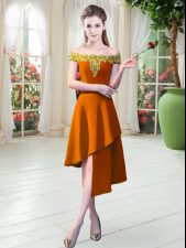  Orange A-line Satin Off The Shoulder Sleeveless Appliques Asymmetrical Zipper Dress for Prom