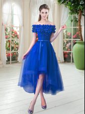 Fantastic Appliques Royal Blue Lace Up Short Sleeves High Low