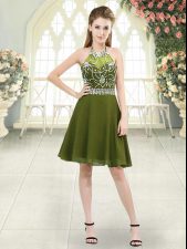  Knee Length Zipper Prom Dress Olive Green for Prom and Party and Military Ball with Beading