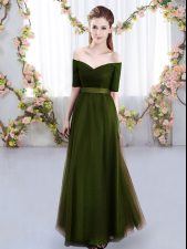  Floor Length Lace Up Dama Dress Olive Green for Prom and Party and Wedding Party with Ruching