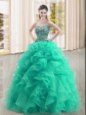 Smart Sweetheart Sleeveless Lace Up Quince Ball Gowns Turquoise Organza