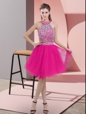 Fashionable Knee Length Backless Prom Dress Hot Pink for Prom and Party with Beading
