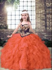 Sweet Orange Red Ball Gowns Straps Sleeveless Tulle Floor Length Lace Up Embroidery and Ruffles Little Girls Pageant Dress
