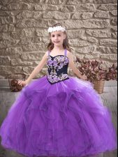 Elegant Purple Tulle Lace Up Little Girls Pageant Dress Sleeveless Floor Length Embroidery and Ruffles