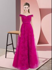  Fuchsia A-line Off The Shoulder Sleeveless Tulle Floor Length Lace Up Beading and Lace Prom Dress